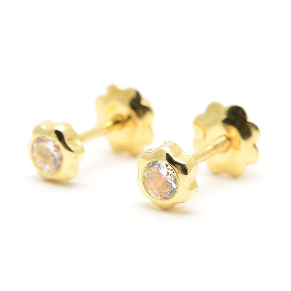 Pendientes Bebe Oro Amarillo 18K Flor Margarita Circonita